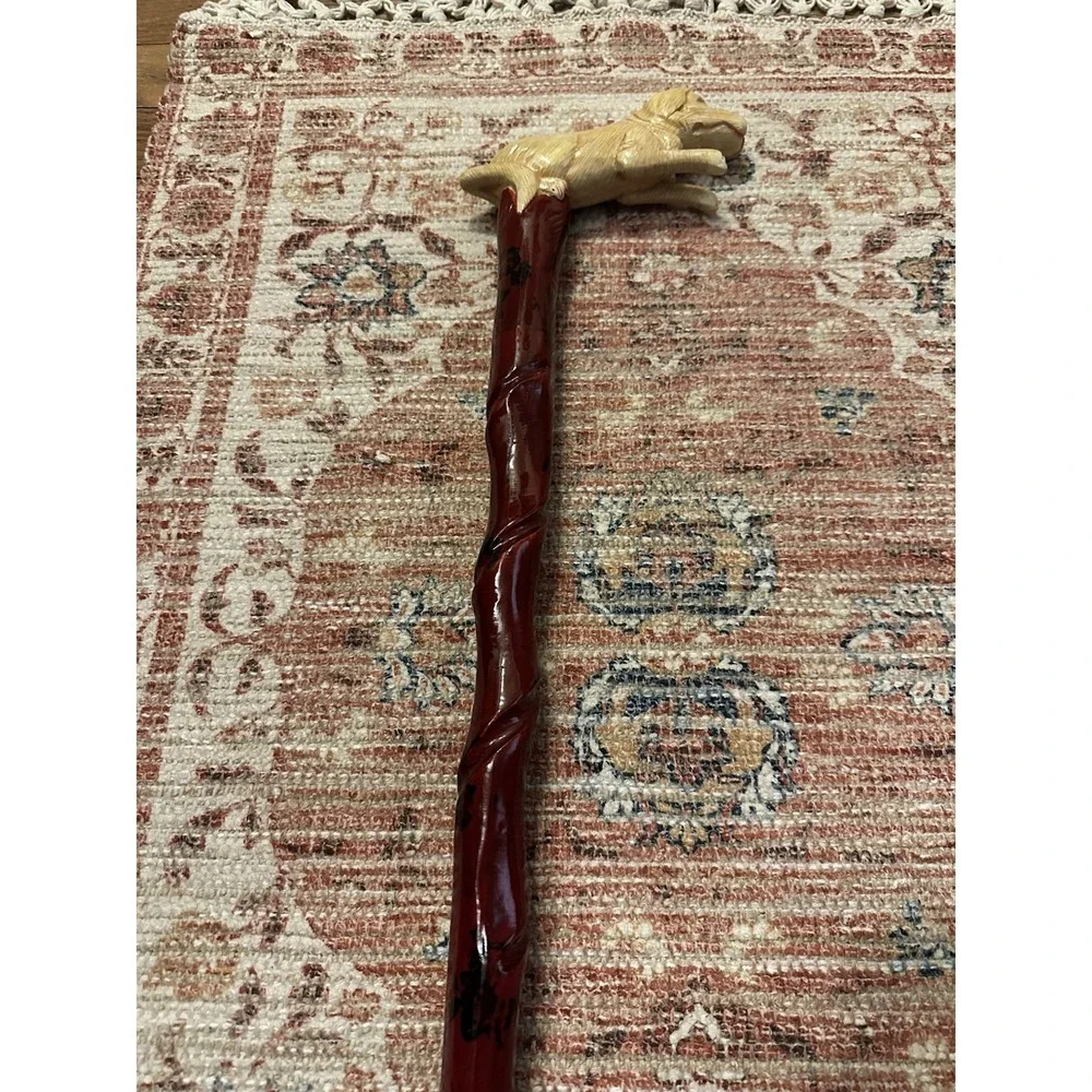 Hand Carved Dog Handle, Walking Stick 34 Inch Twist Shaft + Folk Art Cane Money